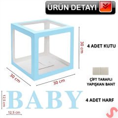 Baby Yazılı Şeffaf Balon Kutusu, 30cm x 4 Adetli Set - Mavi