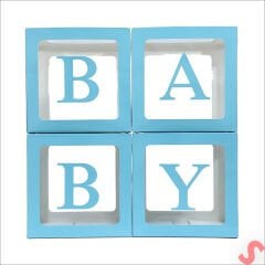 Baby Yazılı Şeffaf Balon Kutusu, 30cm x 4 Adetli Set - Mavi