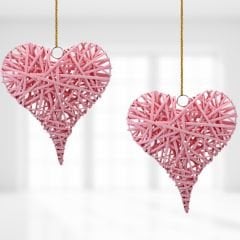 Dekoratif Hasır Kalp, 30 x 25 x 6 cm - Pembe