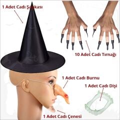 Halloween Cadı Burnu, Şapka, Tırnak, Çene ve Diş Seti
