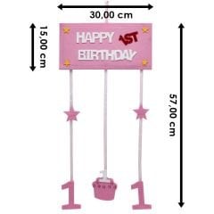 1 Yaş Pastalı Keçe Avize Süs - Pembe -  57,00 cm.
