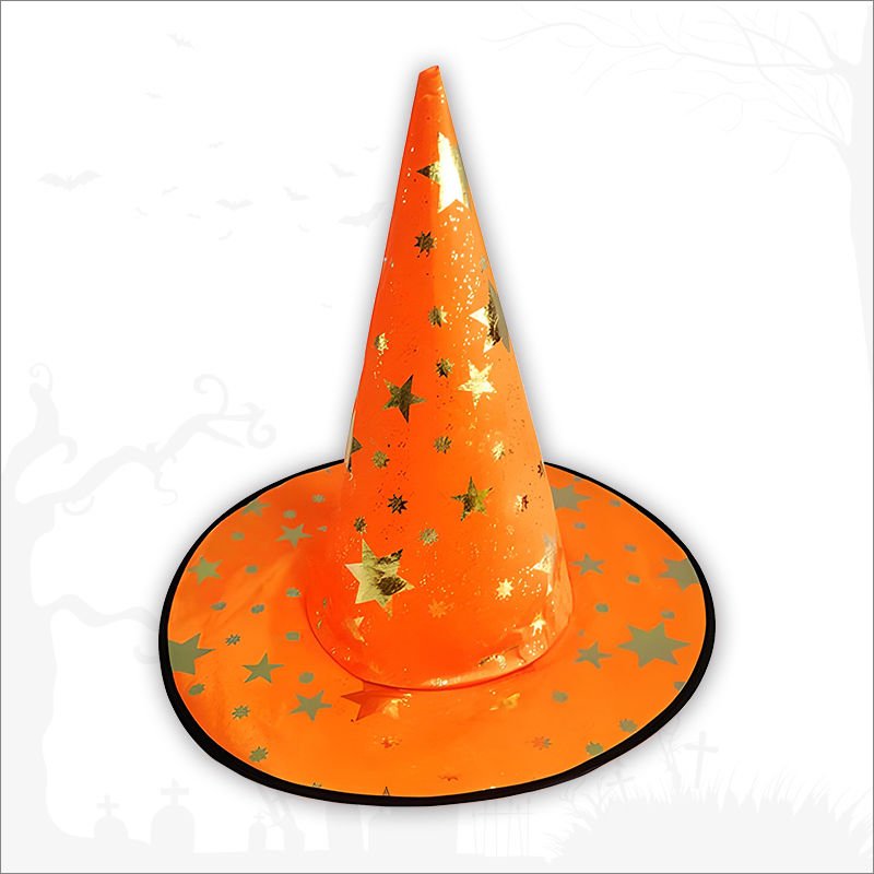 Yıldız Desenli Hallloween Cadı Şapkası, 38cm - Turuncu