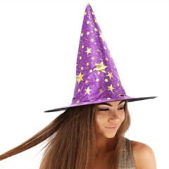 Yıldız Desenli Hallloween Cadı Şapkası, 38cm - Mor