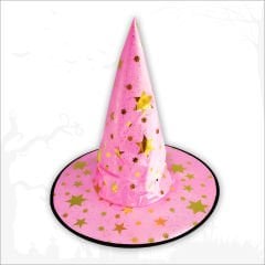 Yıldız Desenli Hallloween Cadı Şapkası, 38cm - Pembe