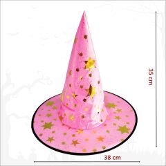 Yıldız Desenli Hallloween Cadı Şapkası, 38cm - Pembe