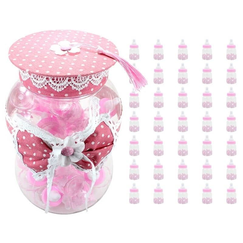 Süslü Büyük Kavanoz ve Biberon Seti, 30 Adet, Pembe