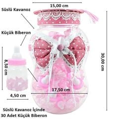 Süslü Büyük Kavanoz ve Biberon Seti, 30 Adet, Pembe