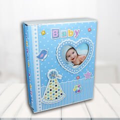 Bebek Fotoğraf Albümü 200 Resimlik Kutulu, Kalp Çerçeveli - Mavi