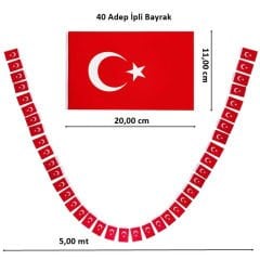 Ay Yıldız 20cm x 11cm İpli Kağıt Bayrak, 5mt - 40 Adet