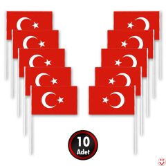 Türk Bayrağı Sopalı, 18cm x 12cm - 10 Adet