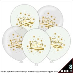 Happy Birthday Baskılı Beyaz ve Şeffaf, 30cm Balon - 8 Adet
