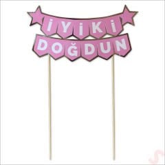 İyi Ki Doğdun Banner Pasta SüSü, Pembe Gümüş - 22cm x 18cm