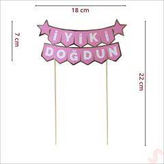 İyi Ki Doğdun Banner Pasta SüSü, Pembe Gümüş - 22cm x 18cm