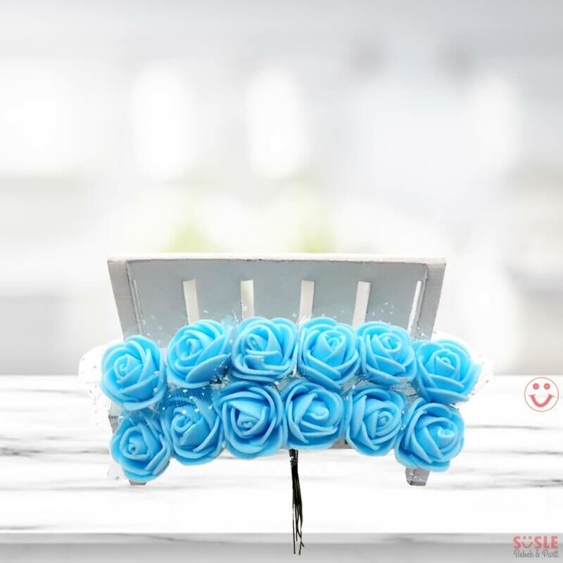 Yapay Çiçek, 12 Adetli Tüllü Lateks Gül, 8 cm, Mavi - 12 Demet