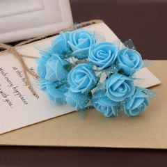 Yapay Çiçek, 12 Adetli Tüllü Lateks Gül, 8 cm, Mavi - 12 Demet