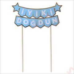 İyi Ki Doğdun Banner Pasta SüSü, Mavi Altın - 22cm x 18cm