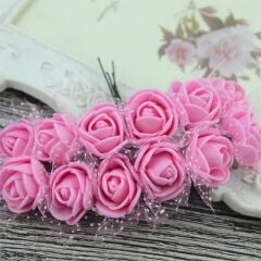 Yapay Çiçek, 12 Adetli Tüllü Lateks Gül, 8 cm, Pembe - 12 Demet
