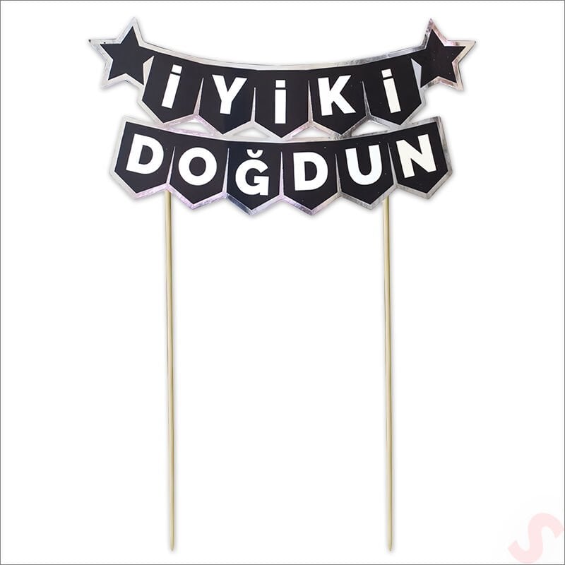 İyi Ki Doğdun Banner Pasta SüSü, Siyah Gümüş - 22cm x 18cm