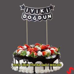 İyi Ki Doğdun Banner Pasta SüSü, Siyah Gümüş - 22cm x 18cm
