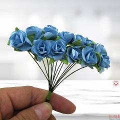 Yapay Çiçek, 12 Adetli Minik Kağıt Gül, 8 cm, Mavi - 12 Demet