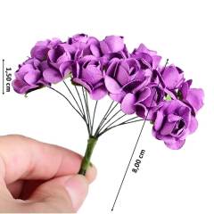 Yapay Çiçek, 12 Adetli Minik Kağıt Gül, 8 cm, Mor - 12 Demet
