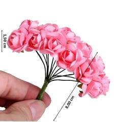 Yapay Çiçek, 12 Adetli Minik Kağıt Gül, 8 cm, Pembe - 12 Demet