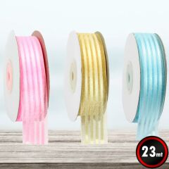 Şifon Kurdele, 4 Yollu ve Saten Çizgili, 2,50 cm x 23 mt - MAVİ