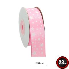 Saten Kurdele, Yıldız Baskılı, 2,50 cm x 23 mt - PEMBE