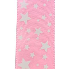 Saten Kurdele, Yıldız Baskılı, 2,50 cm x 23 mt - PEMBE
