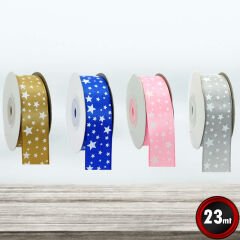Saten Kurdele, Yıldız Baskılı, 2,50 cm x 23 mt - PEMBE