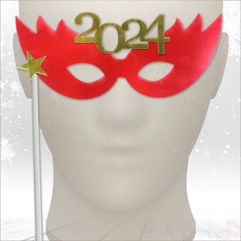 Yılbaşı 2024 Metalik Karton Maske - Kırmızı