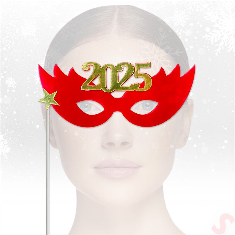 Yılbaşı 2025 Metalik Karton Maske - Kırmızı