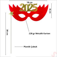 Yılbaşı 2025 Metalik Karton Maske - Kırmızı