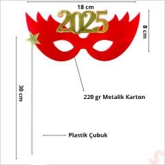 Yılbaşı 2025 Metalik Karton Maske - Kırmızı