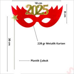 Yılbaşı 2025 Metalik Karton Maske - Kırmızı