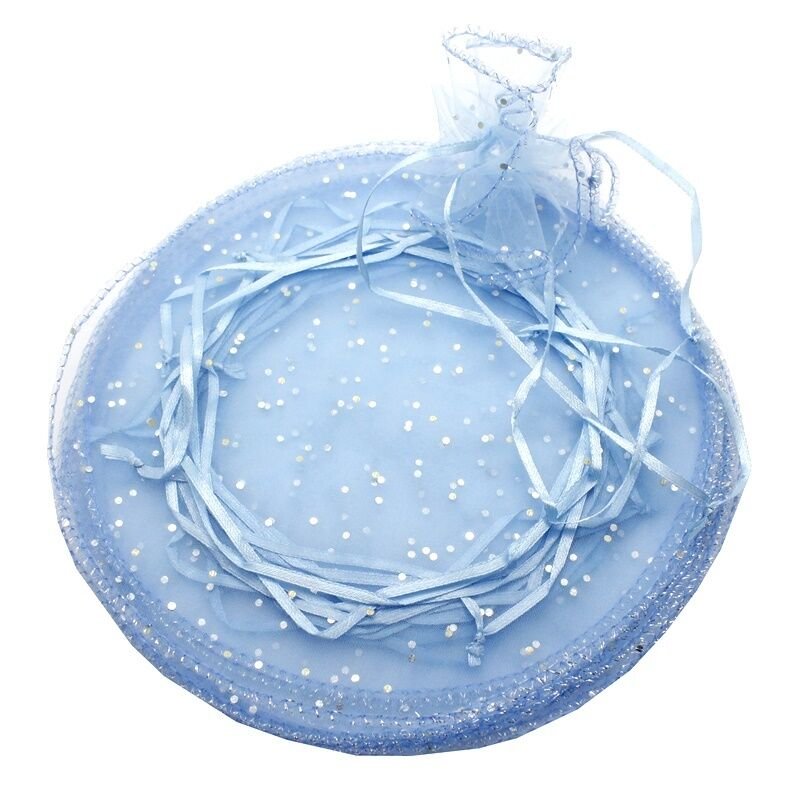 Büzgülü Kese, 24 cm Pullu Organze, 25 Adet - Mavi