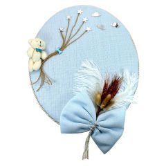 Kuru Çiçek Tanzimli, Ayıcıklı, İsimli Oval Kapı Süsü, Mavi