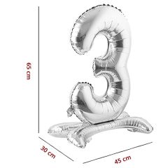 3 Rakam Ayaklı Folyo Balon, 65 cm - Gümüş