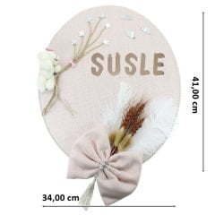 Kuru Çiçek Tanzimli, Ayıcıklı, İsimli Oval Kapı Süsü, Pudra Renk