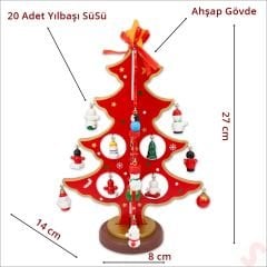 20 Parça SüSLü Ahşap 27cm Mini Yılbaşı Ağaç Seti - Kırmızı