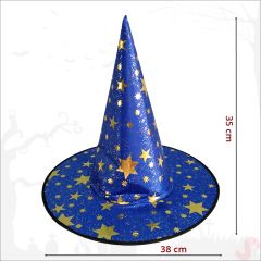 Yıldız Desenli Hallloween Cadı Şapkası, 38cm - Lacivert