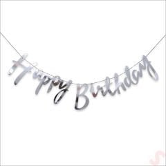 Happy Birthday Parlak Karton Kaligrafi Banner, 2 mt - Gümüş