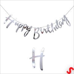 Happy Birthday Parlak Karton Kaligrafi Banner, 2 mt - Gümüş