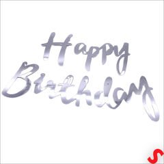 Happy Birthday Parlak Karton Kaligrafi Banner, 2 mt - Gümüş
