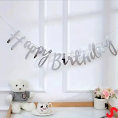 Happy Birthday Parlak Karton Kaligrafi Banner, 2 mt - Gümüş