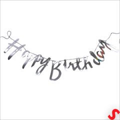 Happy Birthday Parlak Karton Kaligrafi Banner, 2 mt - Gümüş
