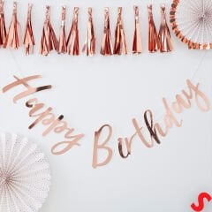 Happy Birthday Parlak Karton Kaligrafi Banner, 2 mt - Rose Gold
