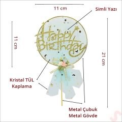 Happy Birthday Tüllü Metal Pasta SüSü, 21cm x 11cm - Mavi
