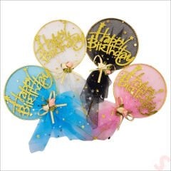 Happy Birthday Tüllü Metal Pasta SüSü, 21cm x 11cm - Siyah