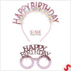 Happy Birthday Taç ve Gözlük Seti - Pembe